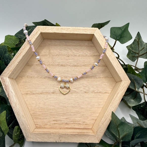 Blushing Bow Heart Necklace **Waterproof* - Picture 3 of 6